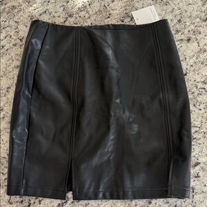 Black Faux Leather Mini Skirt with Front Slit